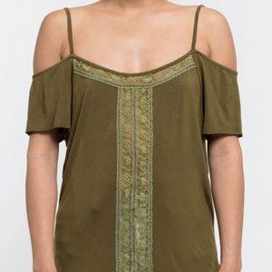 NIP POL Olive Green Lace Front Mini Peplum Off Shoulder Shirt Womens Size Medium